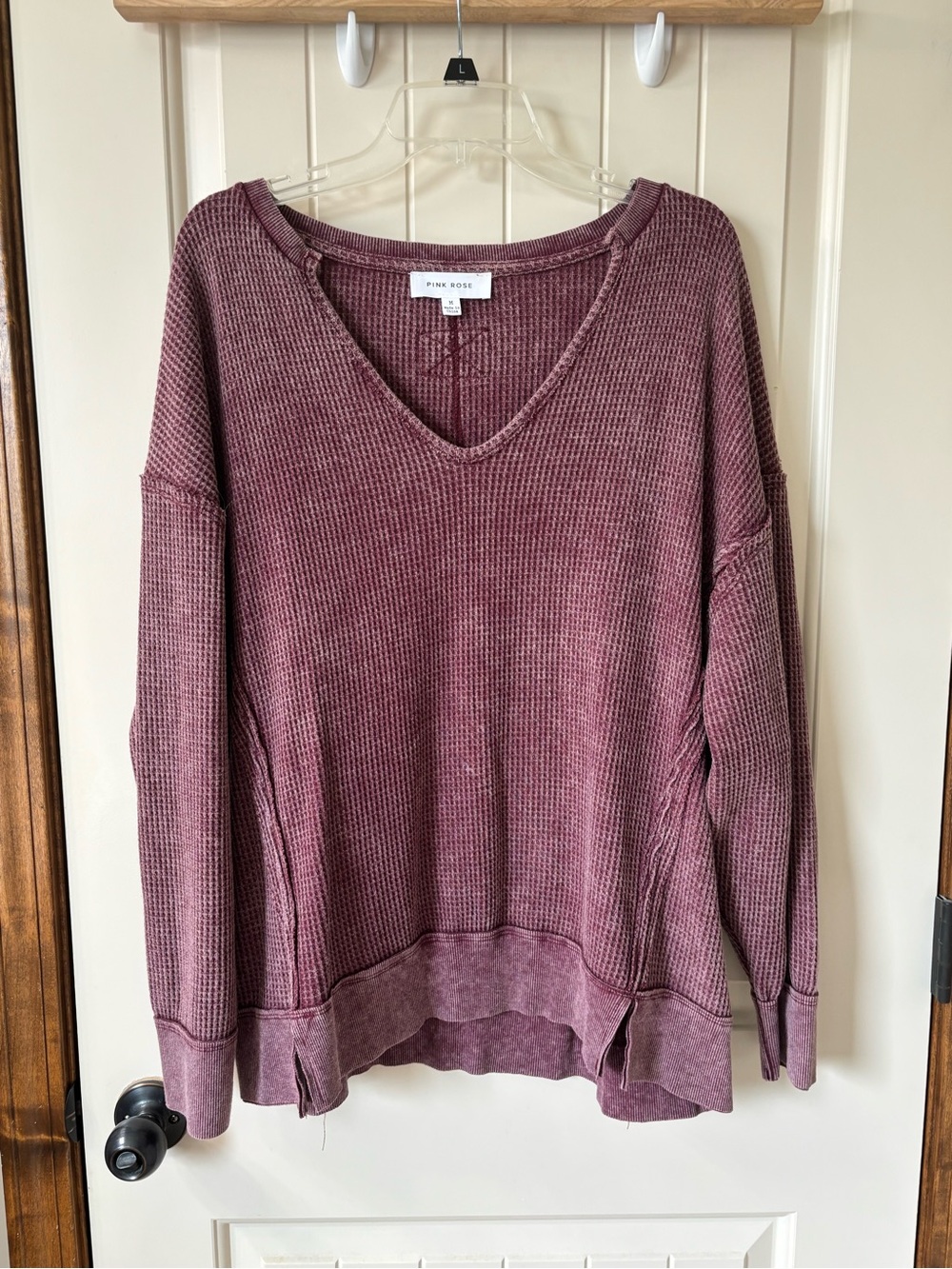 Pink Rose Faded Mauve Waffle-Knit V-Neck Sweater